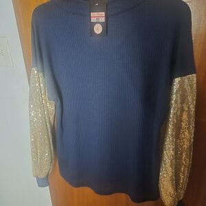 Navy Sweater with Gold Sequin Sleeves